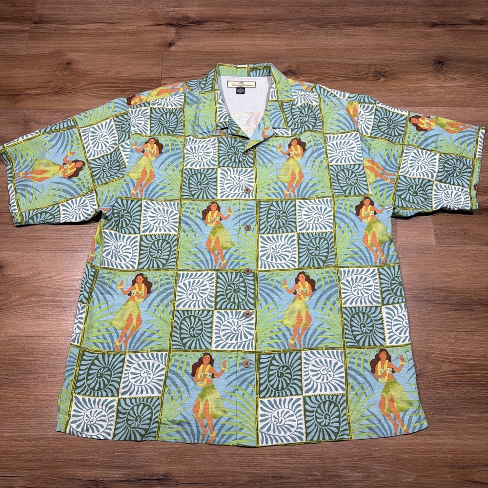 Tommy Bahama Shirt Mens XL Green Blue Hula Girl Hawaiian Silk Beach Casual Check